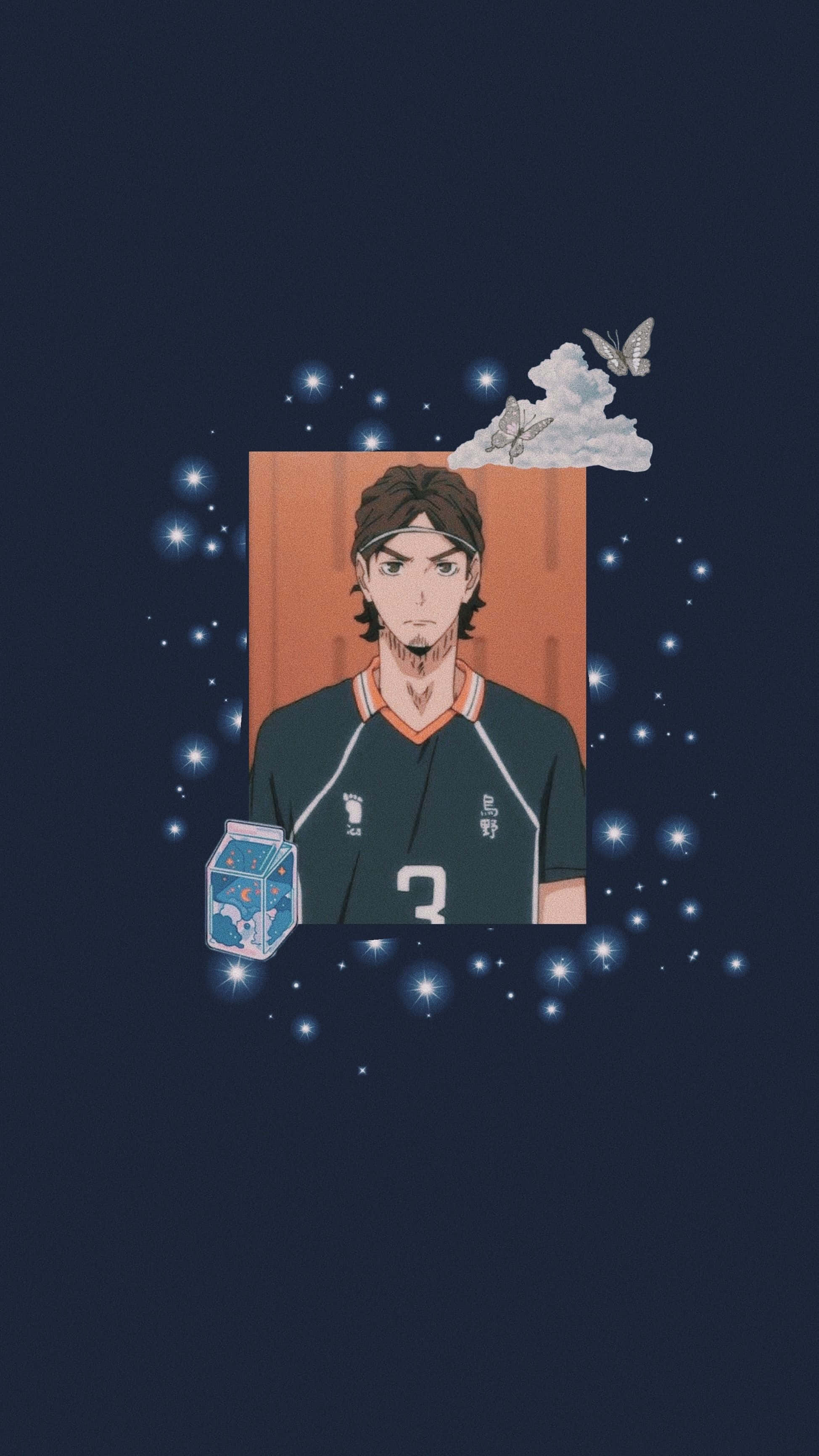 Asahi Azumane 桌布 壁紙 — 動漫排球運動員身穿綠色球衣，被星星、雲朵和蝴蝶環繞，背景為深藍色。