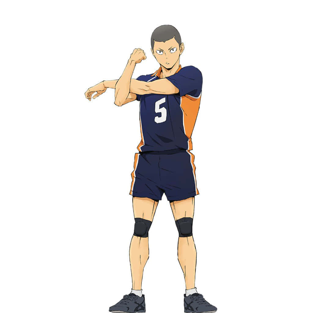 Tanaka Ryunosuke 桌布 壁紙 — 動漫排球運動員身穿藍橙色制服，在白底背景下伸展雙臂，表情專注。
