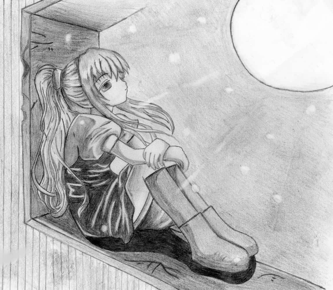 動漫插畫中的強烈情感 壁紙 — 一個長髮的憂鬱動漫女孩獨自坐在窗台上，凝視著滿月下飄落的雪花。