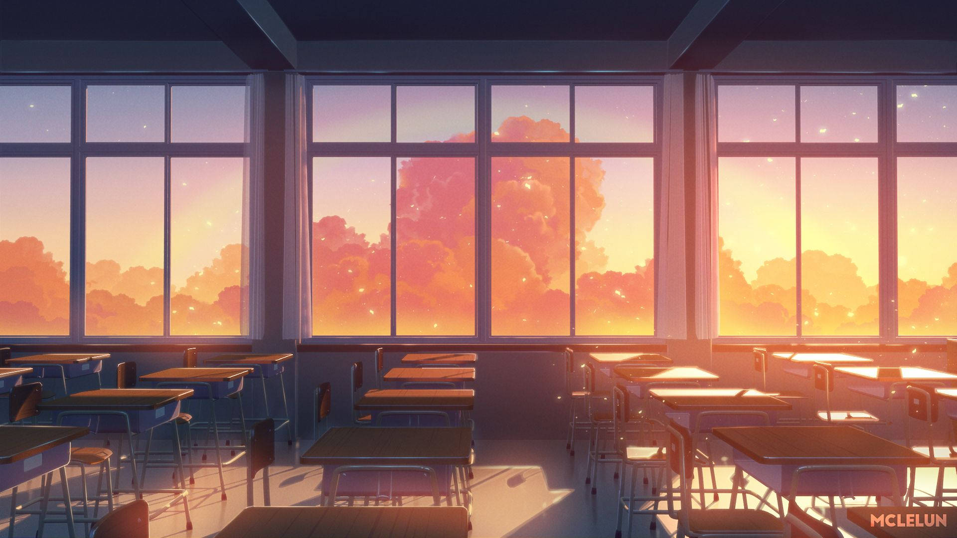 空無一人的教室，書桌在穿過大窗戶的溫暖夕陽光下。