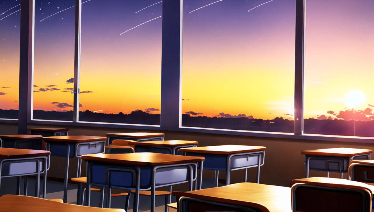 日落時分空教室，書桌面向窗戶，展現橙色紫色天空和流星劃過。