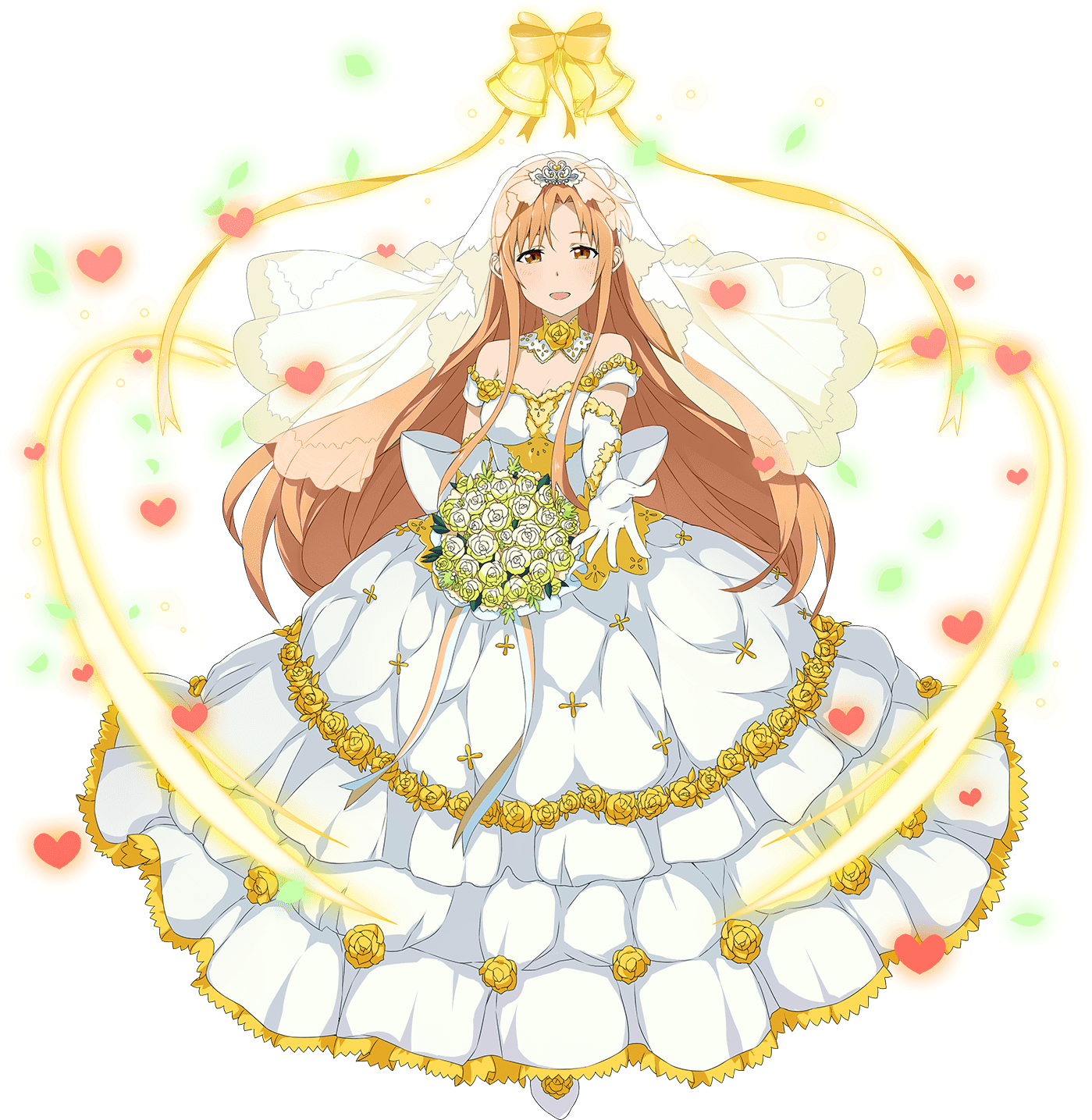 動漫新娘插畫 壁紙 — 動漫新娘身穿白色禮服配金色點綴，手持花束，被鮮豔色彩中發光的愛心圖案環繞。