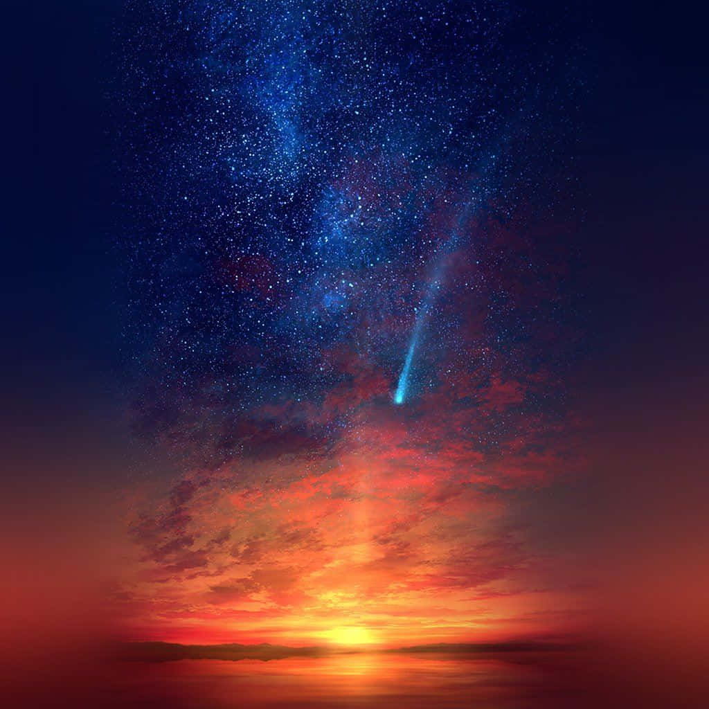 一顆發光的彗星在星空下拖曳著尾巴，越過熾熱的日落地平線。