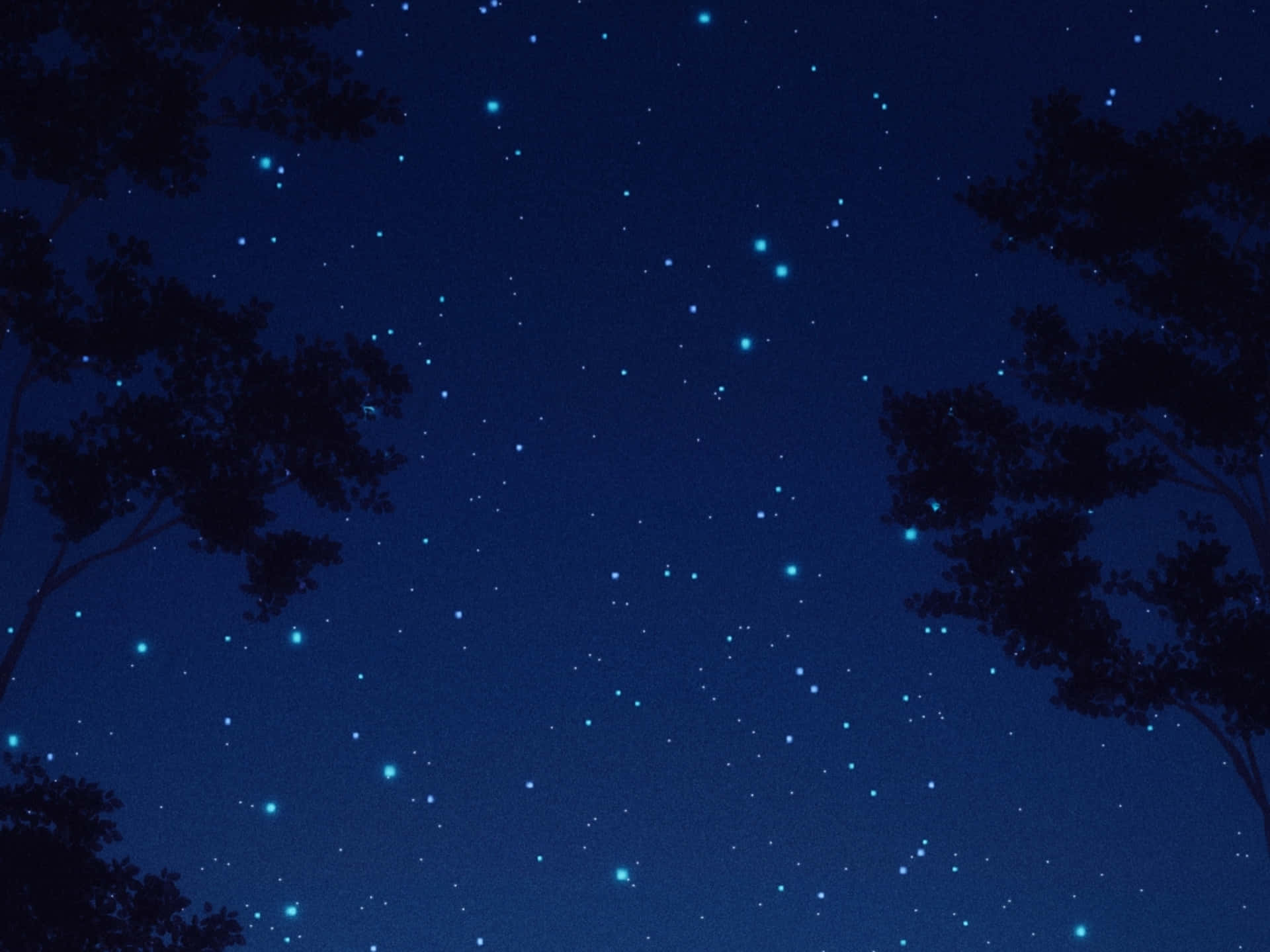 動漫星空夜景 壁紙 — 剪影般的樹枝框住了一片深藍色的夜空，點綴著閃爍的星星。