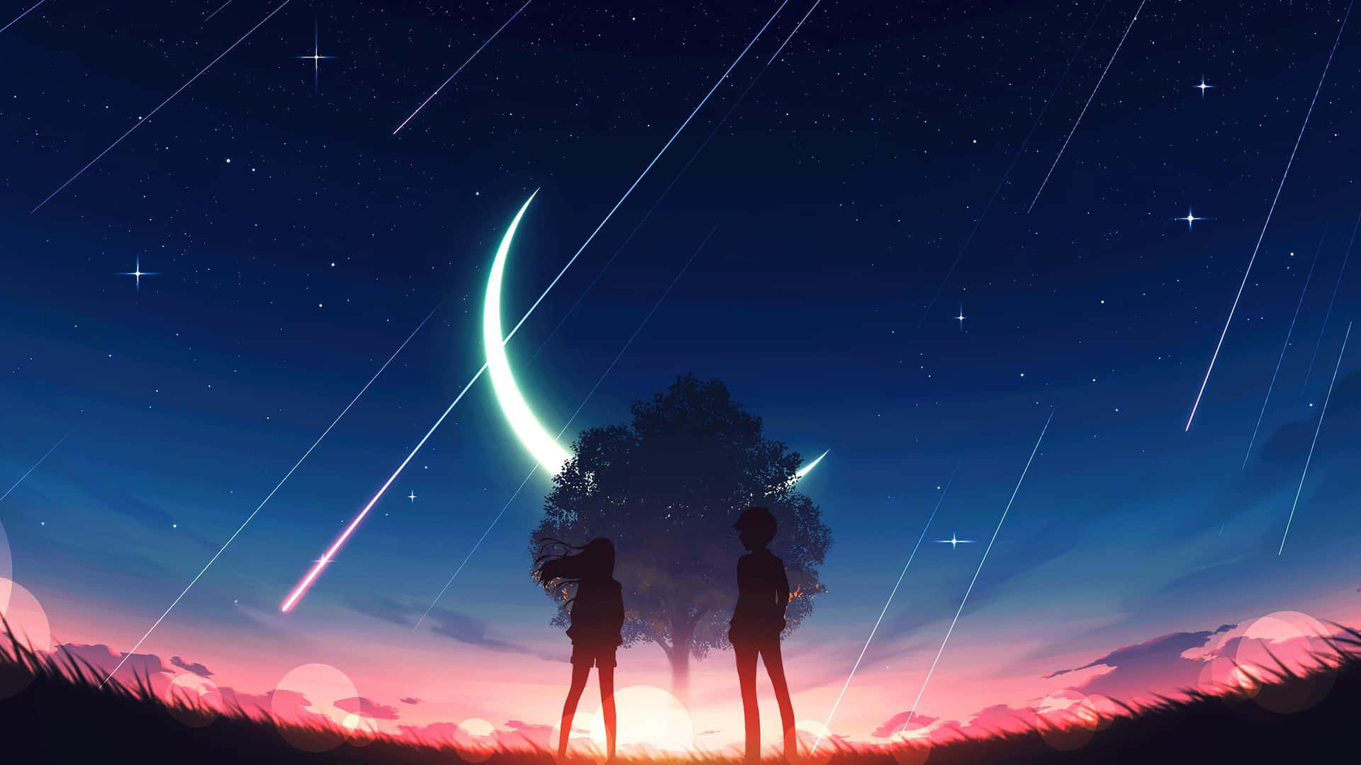 動漫星際夜空 壁紙 — 兩個剪影人物站在發光的彎月和流星下，背景是暮色天空。
