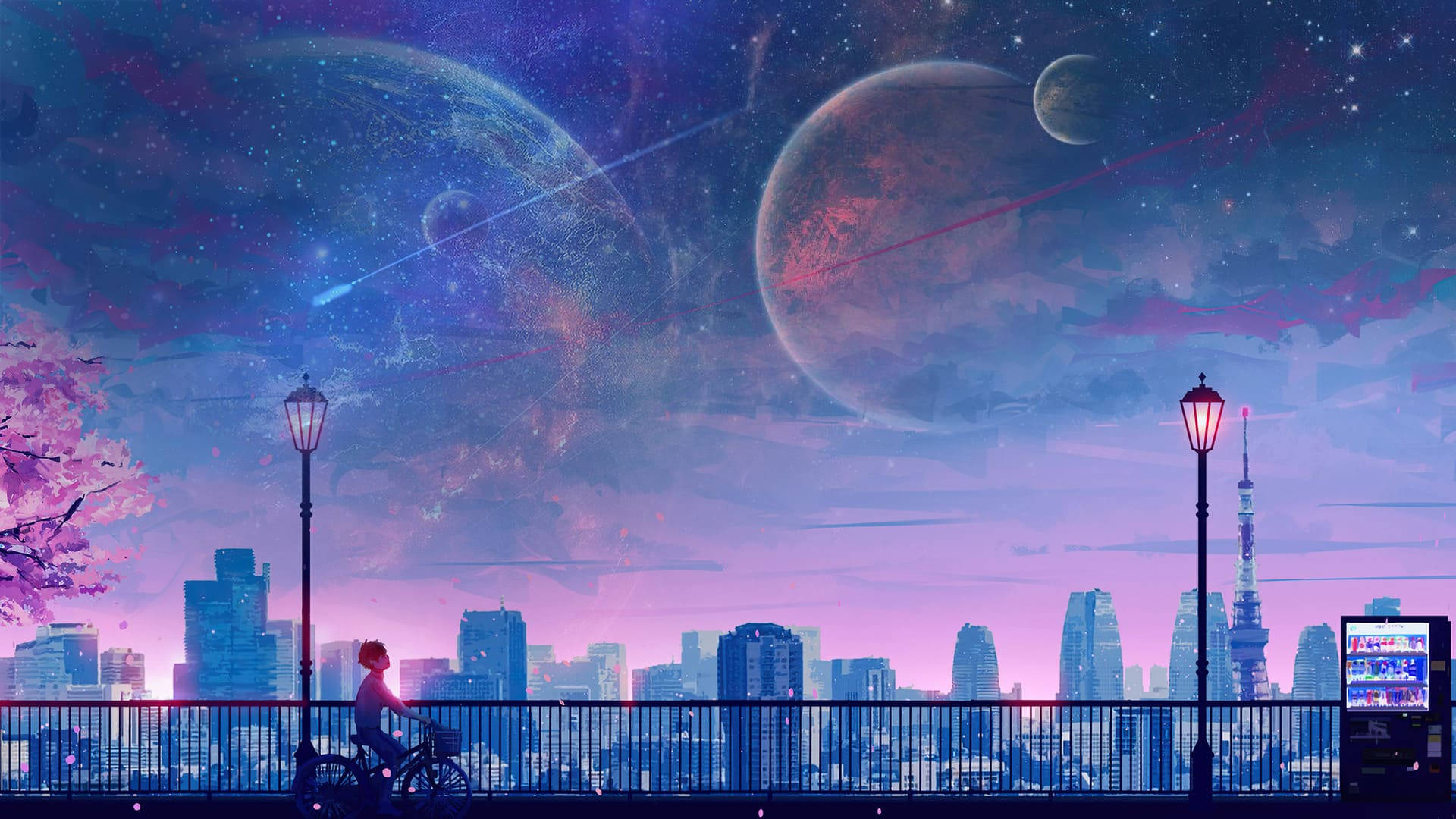 動漫星際天空氛圍 壁紙 — 一個孤獨的騎單車者沿著一座橋騎行，俯瞰著未來主義的城市景觀，天空超現實，有巨大的行星和發光的路燈。