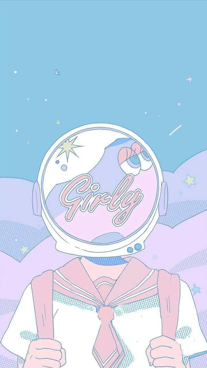 動漫校園少女圓鏡頭「Girly」手機壁紙 壁紙 — 一個可愛的動漫女孩，穿著粉紅色水手服和太空人頭盔，面罩上寫著「Girly」，背景是粉彩星空。