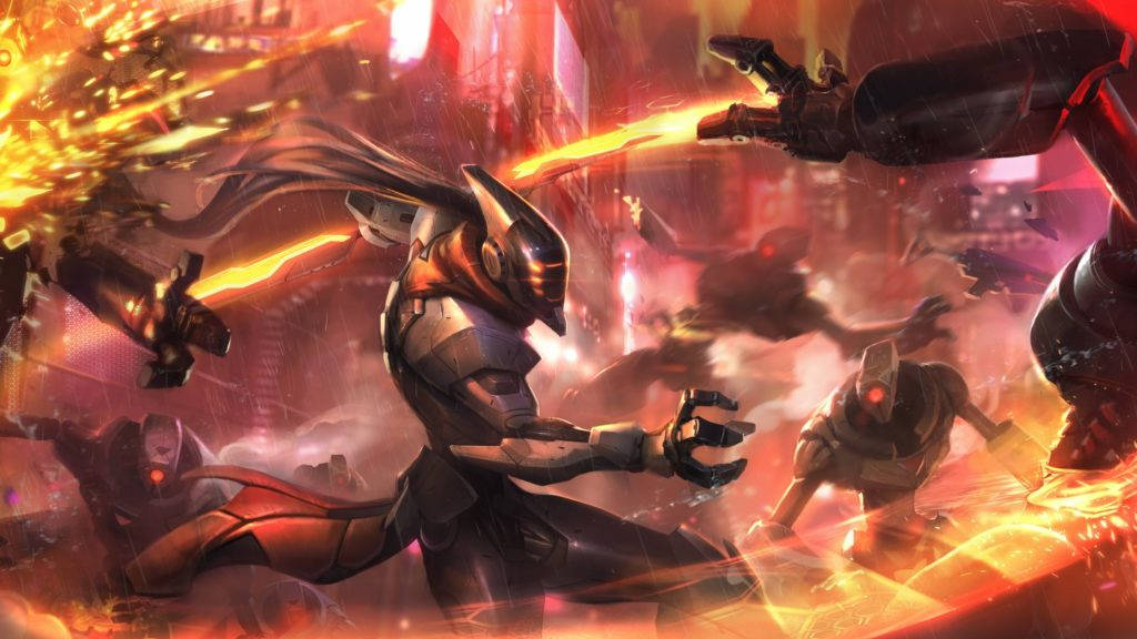 動漫格鬥Project Fiora 壁紙 — 一名身穿暗色盔甲的未來戰士，在混亂的城市戰場上，於熾熱的爆炸和發光的能量光束中與機械敵人作戰。