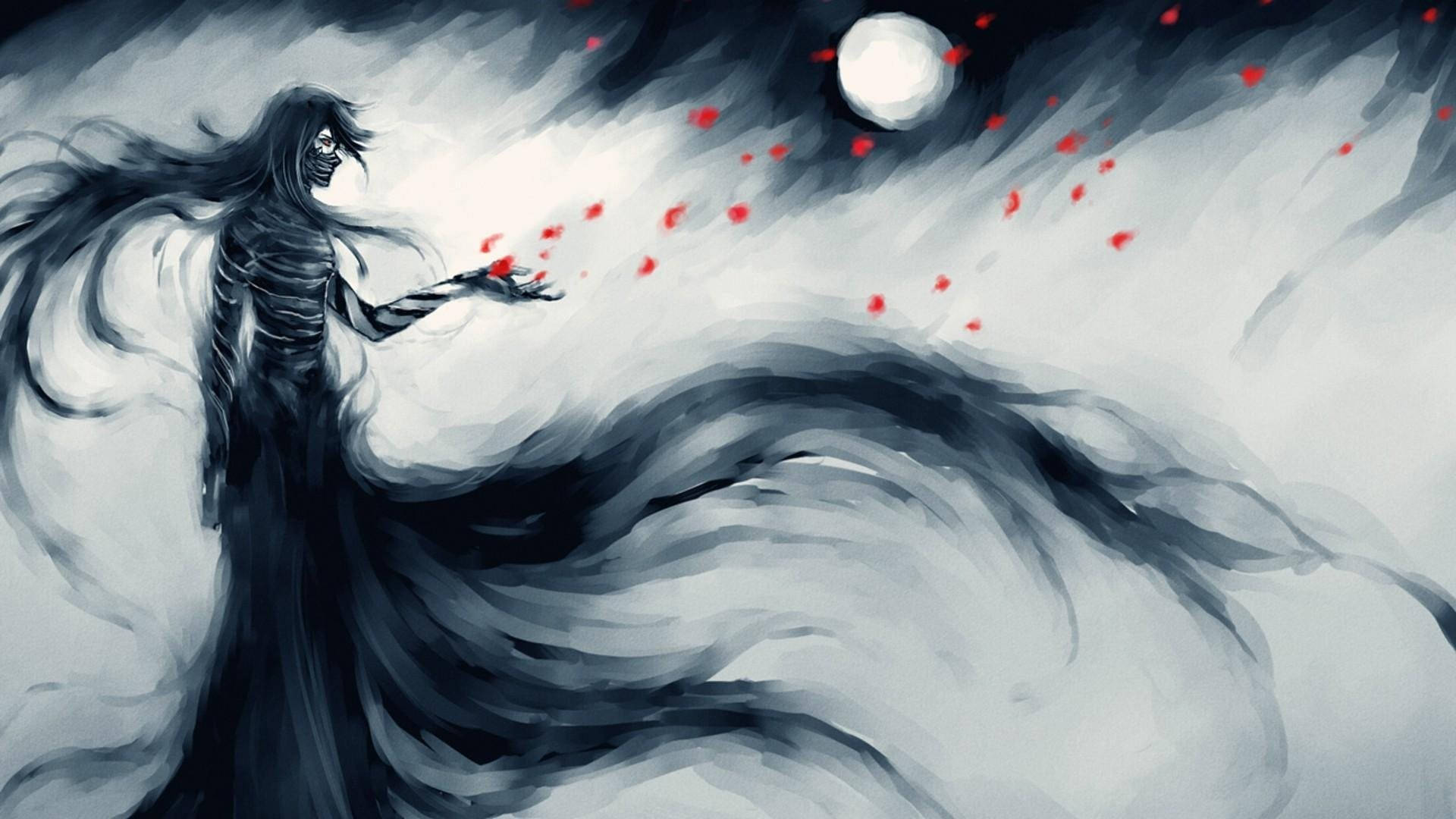 動漫格鬥黑髮一護 壁紙 — 一個長著深色長髮的骷髏身影漂浮在旋轉的灰色雲層中，向著發光的月亮散落紅色花瓣。