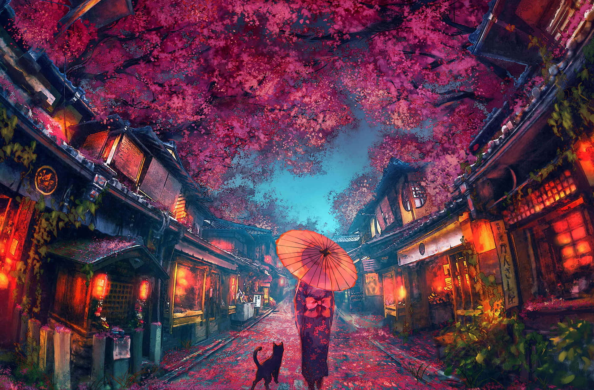 動漫櫻花商店街背景 壁紙 — 一個孤獨的身影帶著一隻貓，在黃昏時分，走在溫暖燈光下的傳統日本街道，上方是充滿活力的粉紅色櫻花樹冠。