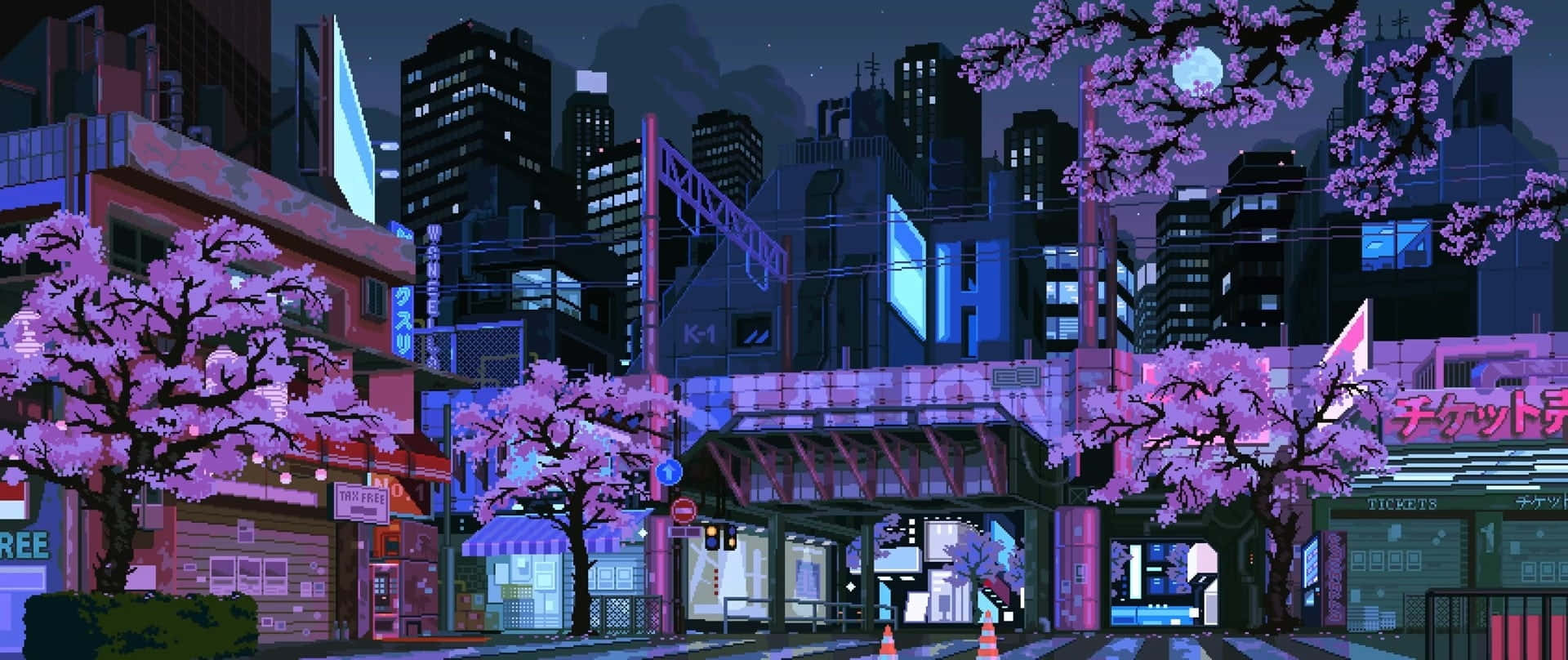 動漫櫻花城市建築背景 壁紙 — 夜晚充滿活力的霓虹燈城市景觀，櫻花樹在摩天大樓和發光標誌的映襯下閃爍著粉紅色的光芒。