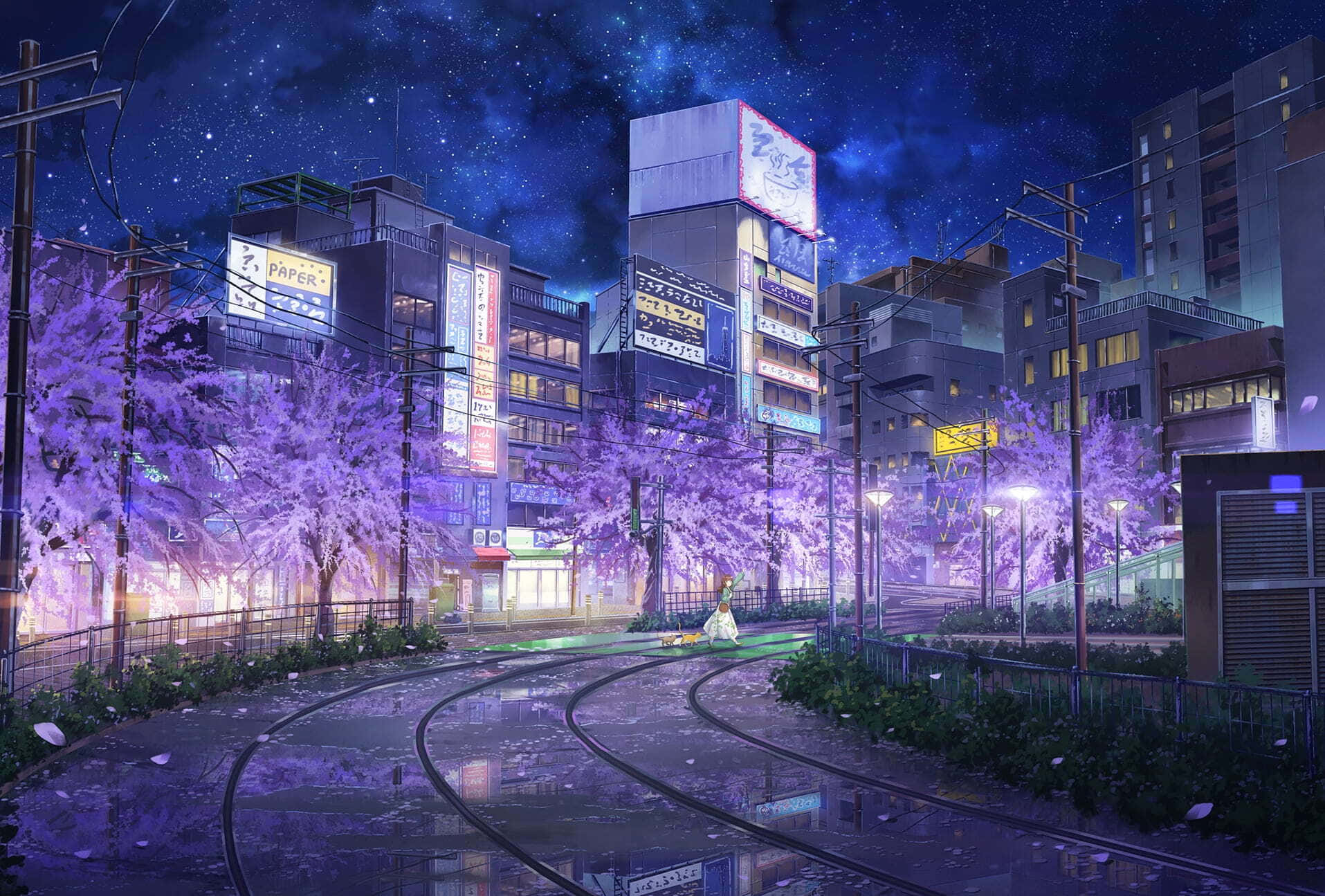 動漫櫻花彎道背景 壁紙 — 一個孤獨的身影在霓虹燈閃爍的城市景觀中，在星空下濕漉漉的電車軌道上，走在發光的櫻花下。