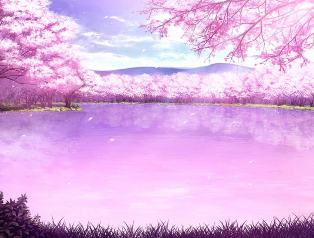 動漫櫻花晴空粉湖背景 壁紙 — 粉紅色的櫻花在寧靜的紫色湖畔盛開，背景是柔和的藍天和遠山。