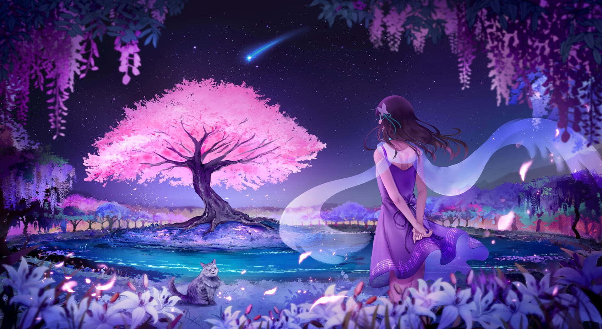 動漫櫻花湖畔背景 壁紙 — 一個穿著紫色連衣裙的女孩站在發光的紫藤藤蔓下，旁邊是一棵粉紅色的櫻花樹，一顆彗星劃過繁星點點的夜空。