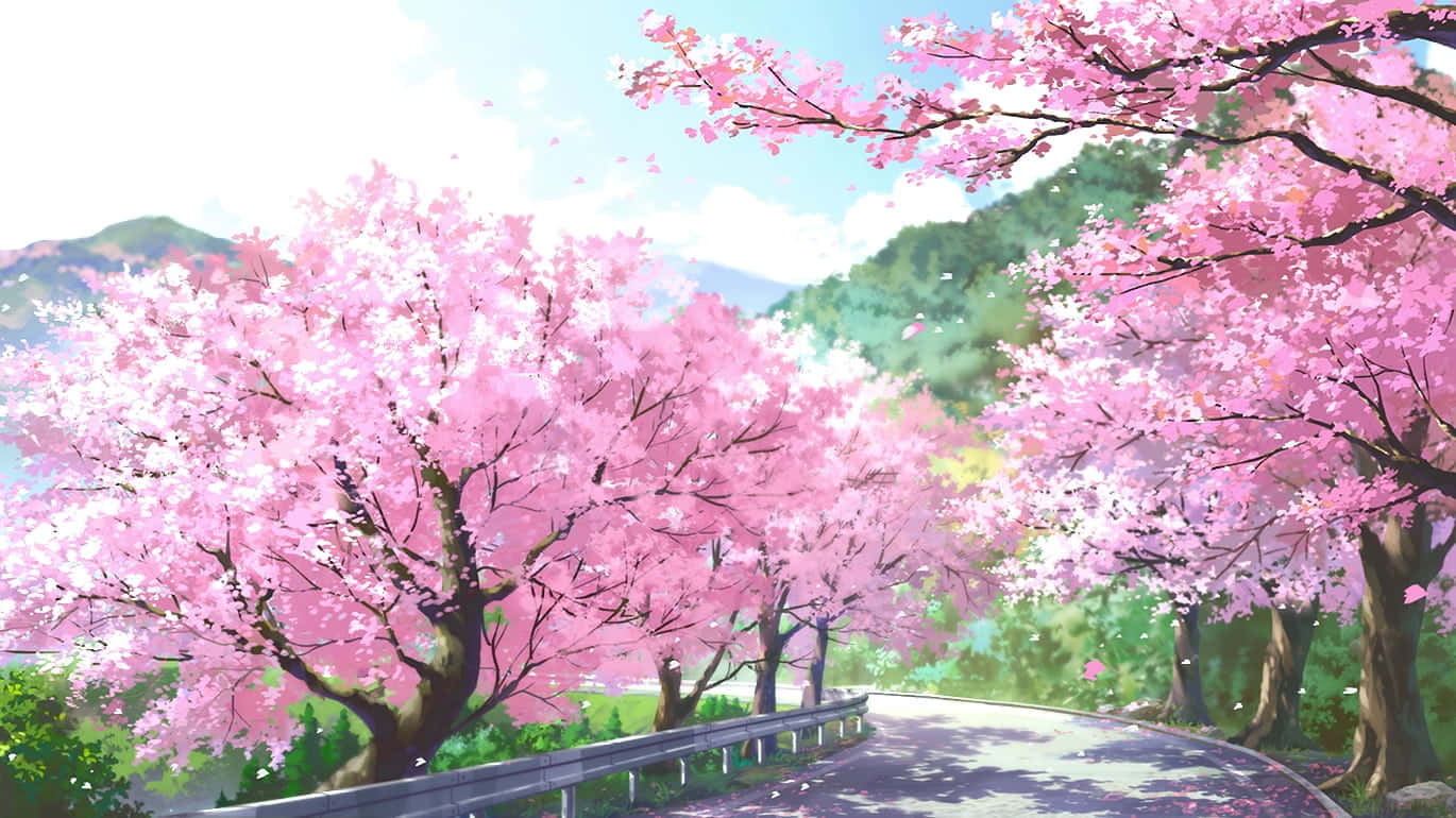 動漫櫻花綠山背景 壁紙 — 一條蜿蜒的道路在鮮豔粉紅櫻花樹冠下蜿蜒而行，背景是明亮的天空下的山脈。