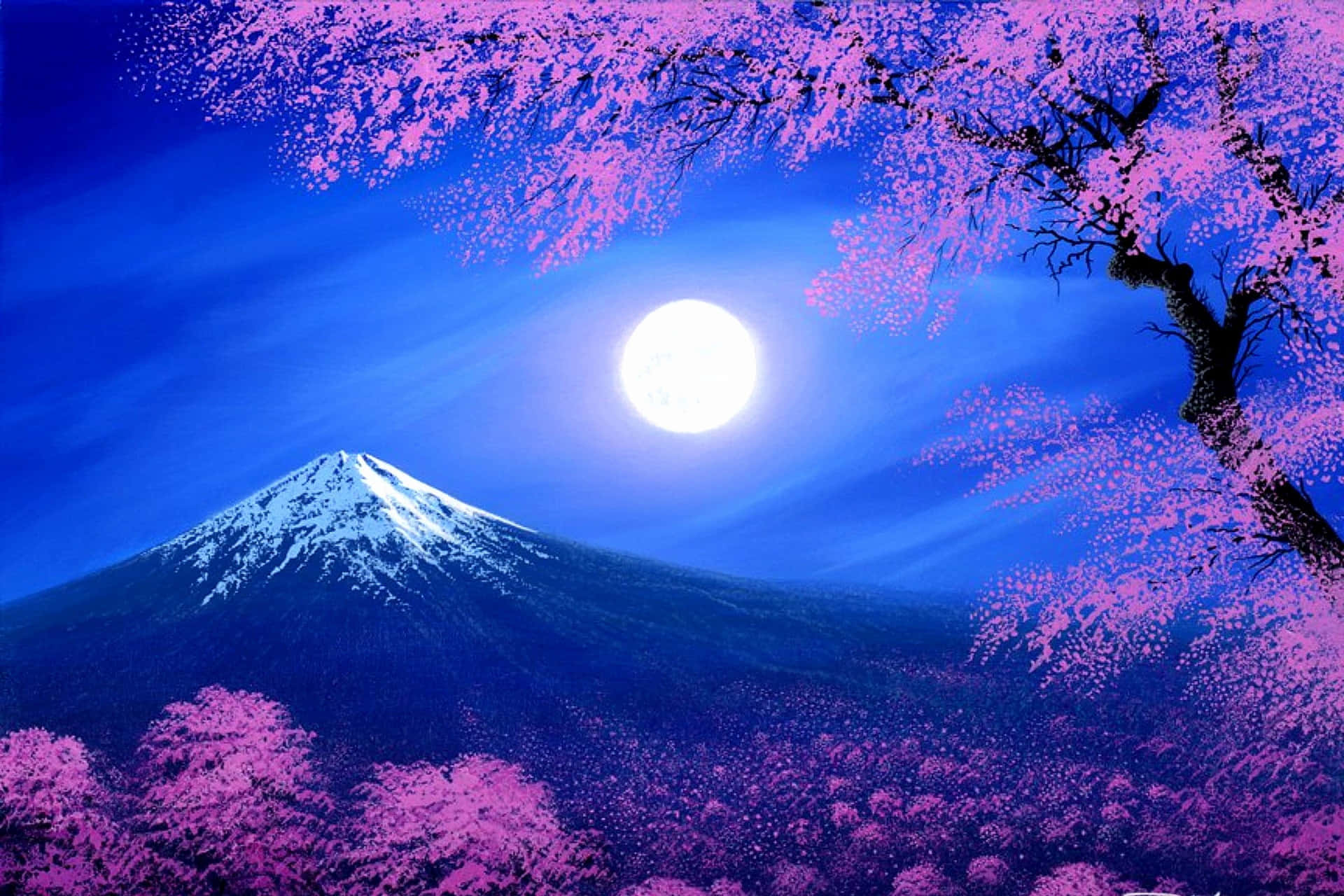 動漫櫻花雪山月夜背景 壁紙 — 一座雄偉的雪山在明亮的滿月下升起，周圍環繞著鮮豔的粉紅色櫻花。