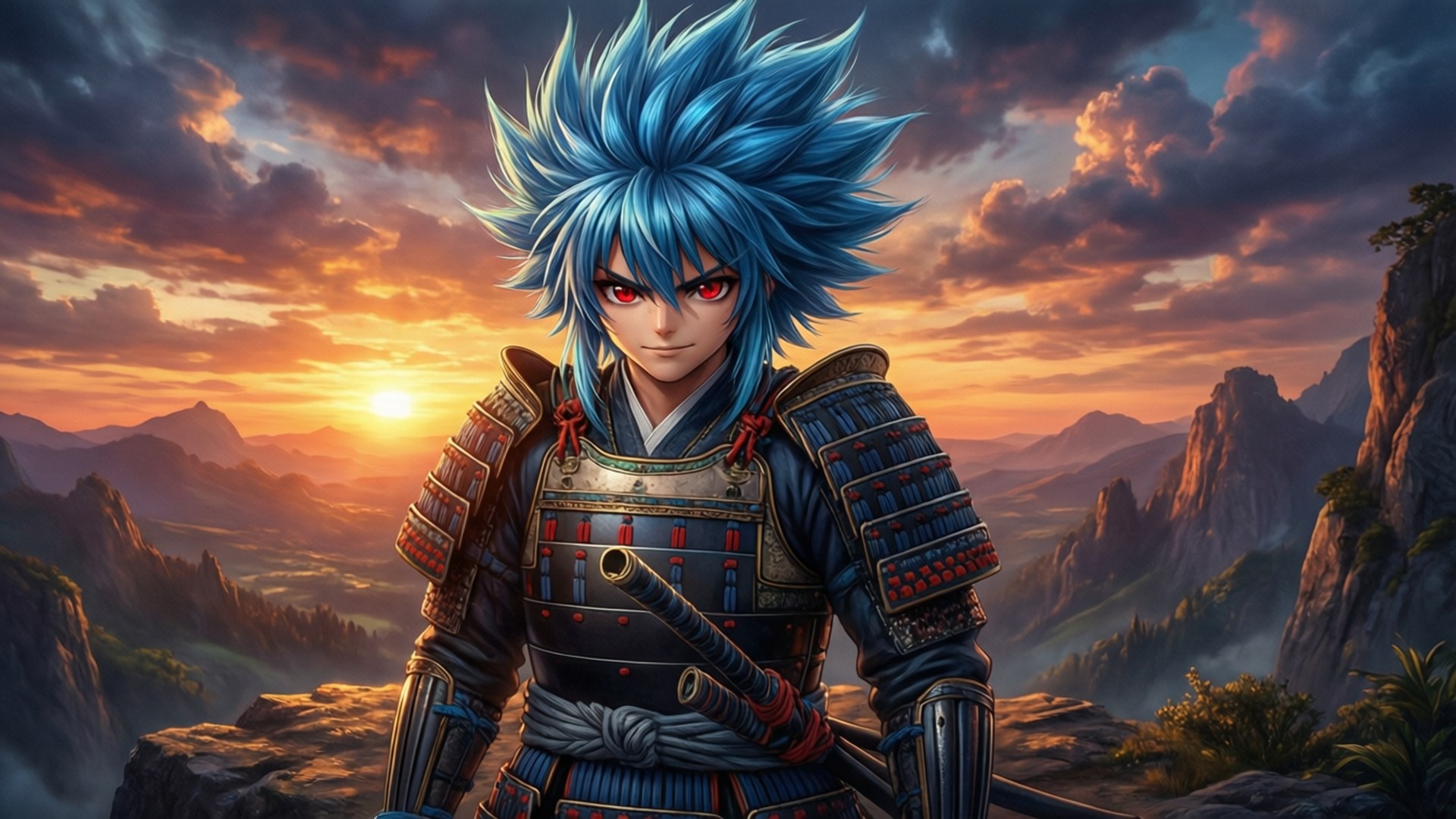藍髮動漫武士身穿盔甲站在夕陽懸崖上
