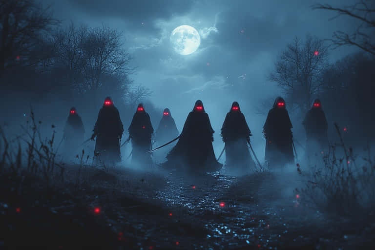 動漫武士4K背景 壁紙 — 剪影兜帽人物，眼睛發出紅光，在滿月下霧氣瀰漫的月光森林中行進。