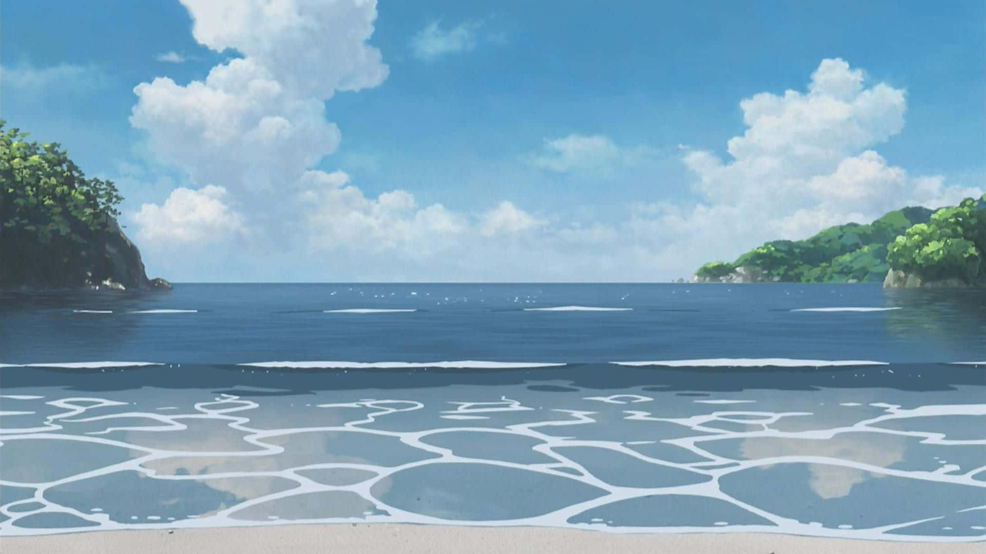 動漫風格的海灘，平靜的海浪和茂密的綠色懸崖，在明亮的藍天下。