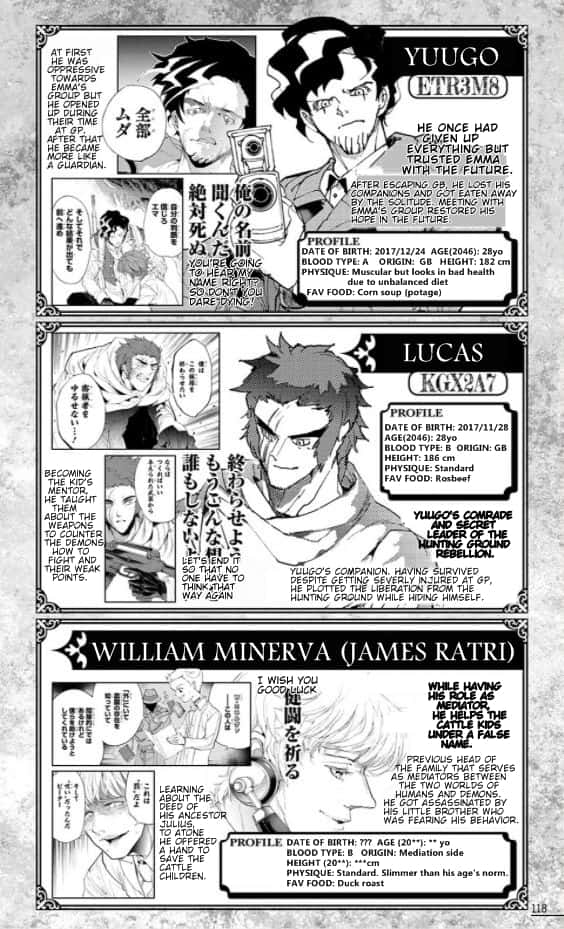 The Promised Neverland Lucas 桌布 壁紙 — 動漫漫畫頁面，包含角色簡介、日文文字以及 Yuugo Lucas 和 William Minerva 的插圖肖像。