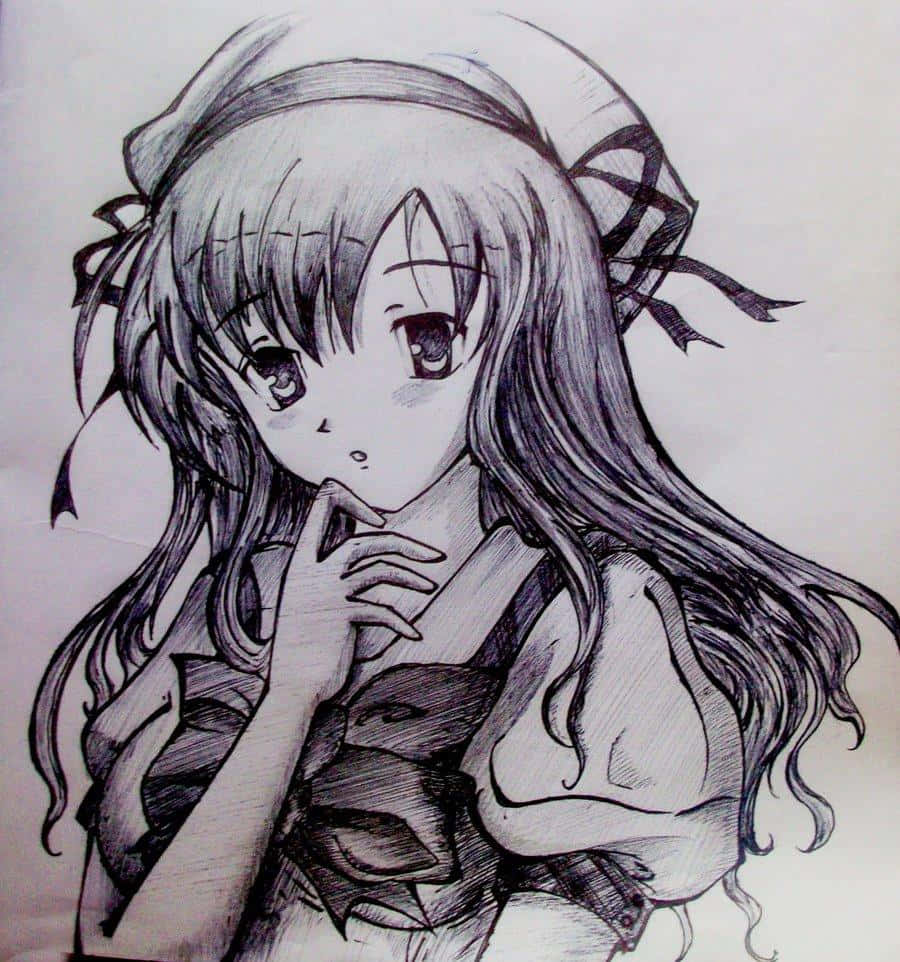 動漫熱情激發絕美創作 壁紙 — 一個憂鬱動漫女孩的詳細鉛筆素描，長髮，戴著髮帶，手靠近嘴唇。