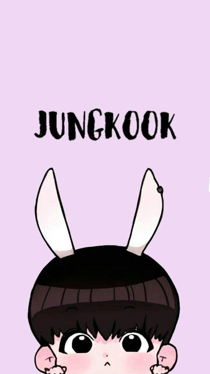 卡通男孩，長著兔耳朵和大眼睛，在薰衣草背景上，有文字Jungkook