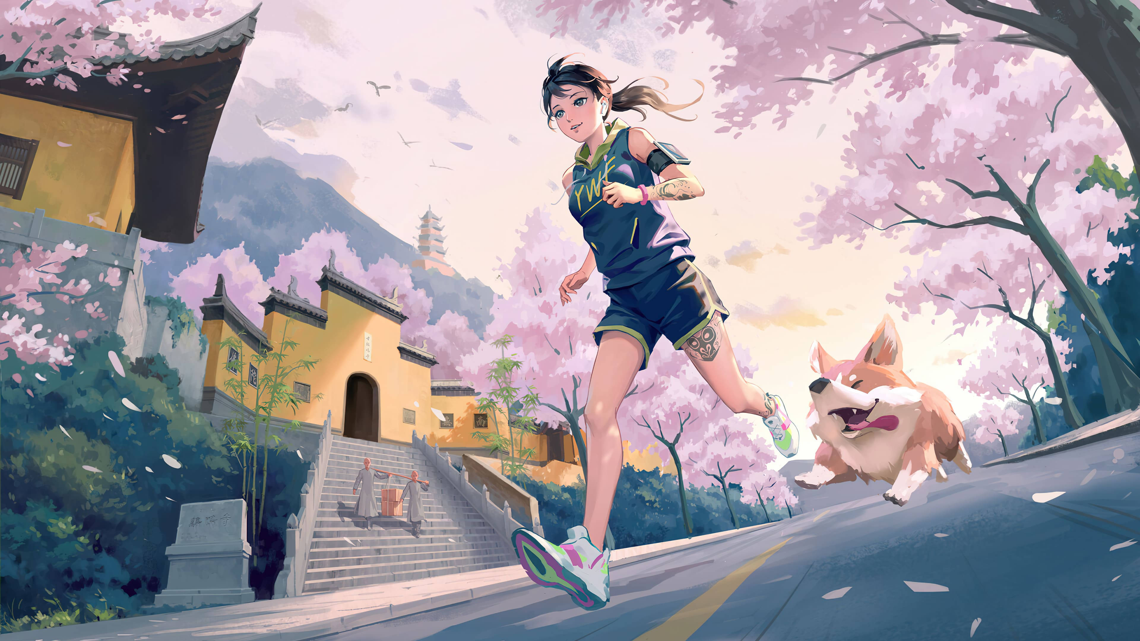 動漫犬奔跑於櫻花街道 壁紙 — 一位年輕女子與一隻哥基犬沿著櫻花樹成蔭的小徑，在傳統黃色寺廟旁快樂地奔跑。