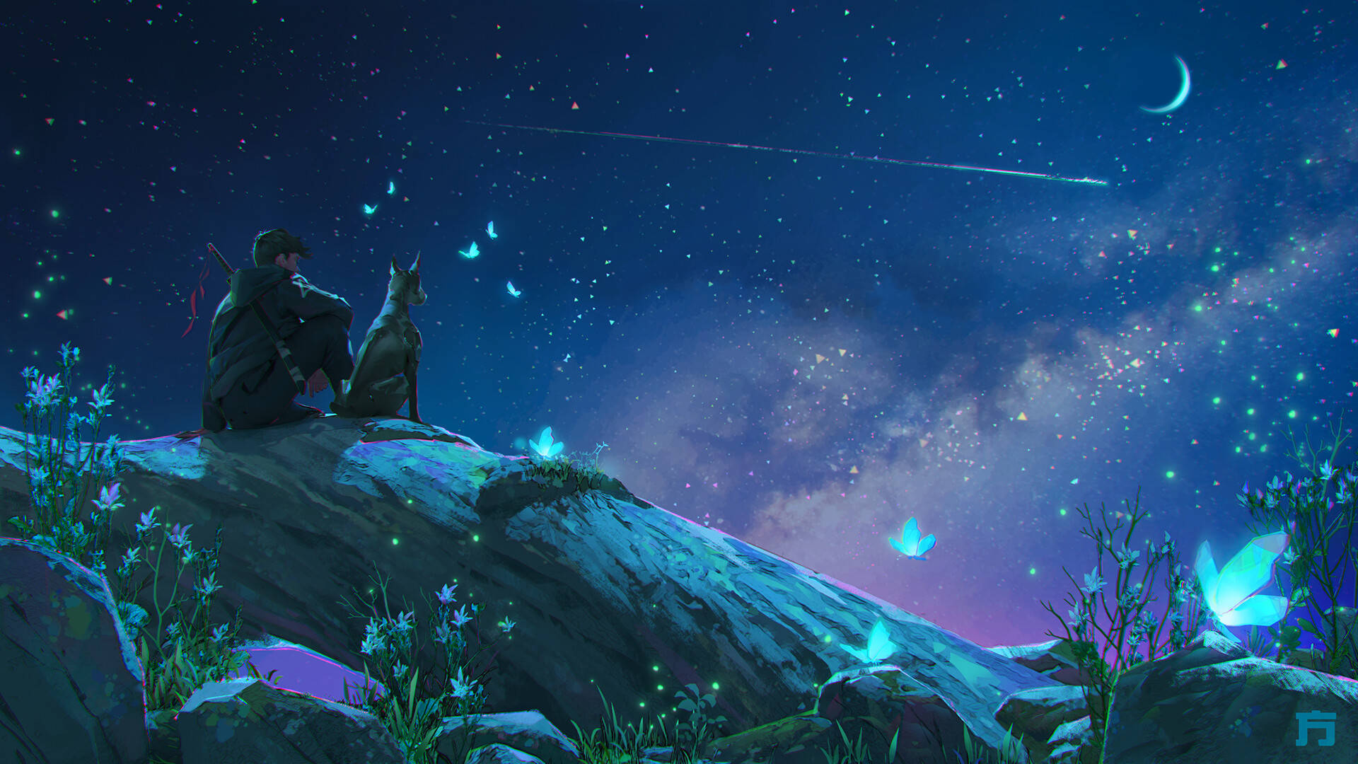 動漫犬與男孩仰望星空 壁紙 — 一個孤獨的身影和一隻狗坐在岩石山上，夜空繁星點點，有一彎新月和發光的藍色蝴蝶在周圍飛舞。