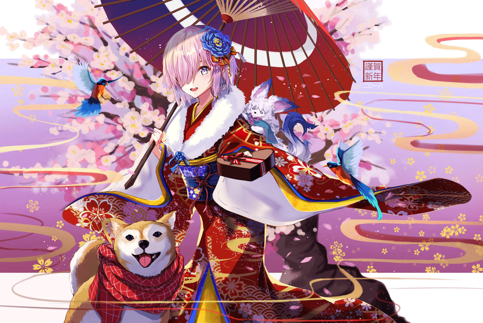 動漫狗狗數位插畫 壁紙 — 一個穿著紅金色和服的開朗動漫女孩，在盛開的櫻花下，撐著陽傘，旁邊有一隻微笑的柴犬。