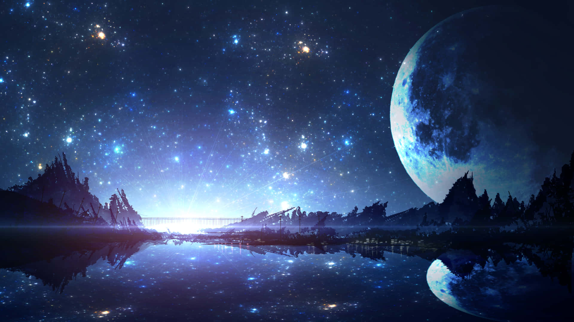 動漫璀璨夜景 壁紙 — 一個寧靜的外星景觀，星空下，一輪巨月倒映在平靜的湖面上，四周環繞著崎嶇的山脈。