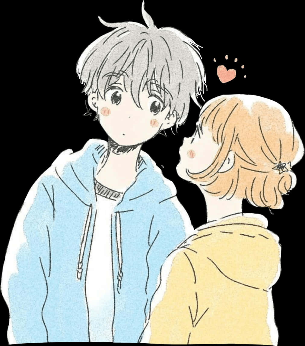 動漫男女角色互相欣賞 壁紙 — 兩個穿著連帽衫的動漫風格青少年在黑色背景上與漂浮的心分享溫柔時刻。