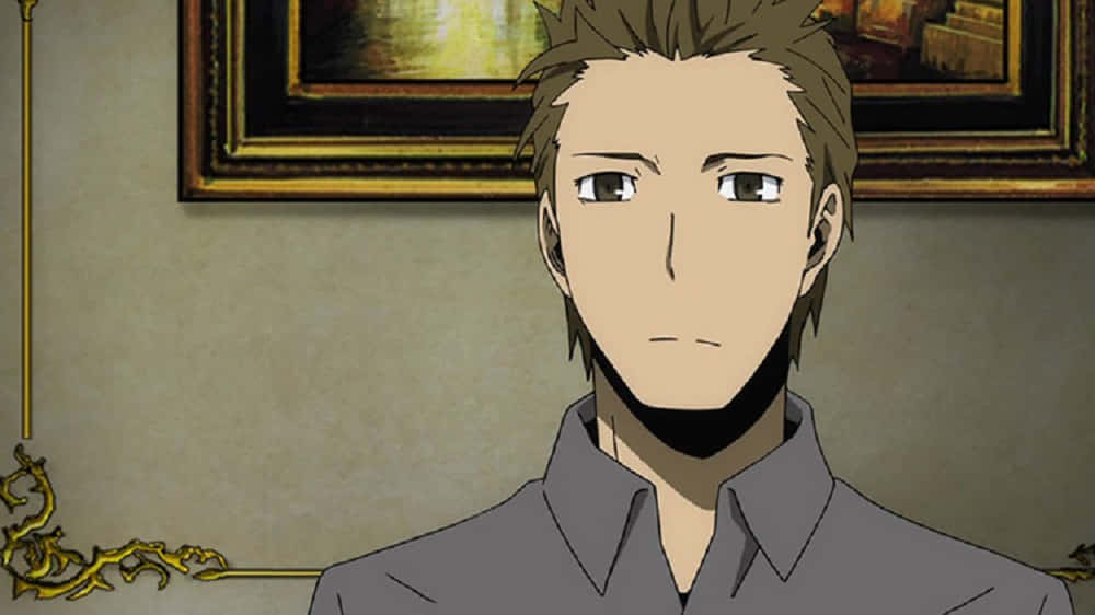 Seiji Yagiri 桌布 壁紙 — 動漫男子，棕色刺蝟頭，黑色鬍鬚，在裝飾華麗的金色牆壁房間中向前凝視。