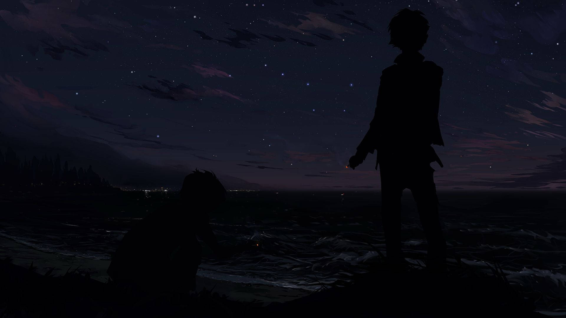 兩個人在繁星點點的夜空下眺望海洋的剪影。