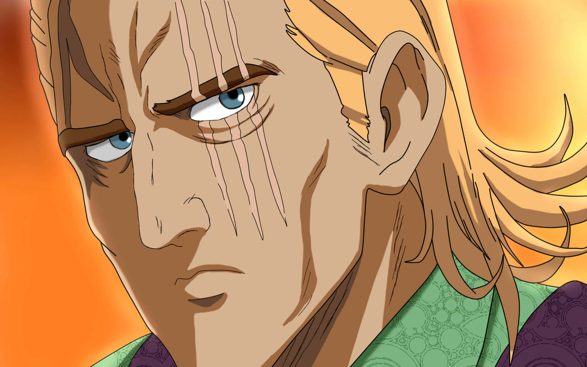 One Punch Man King 桌布 壁紙 — 動漫男子特寫，藍色眼睛，臉上帶有淚痕，背景為溫暖的橙色。