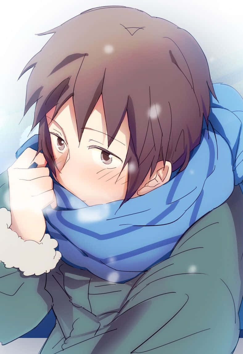 Kyon 桌布 壁紙 — 動漫男孩，棕色頭髮，裹著藍色圍巾，在冬日寒風中雪花飄落，他溫柔地凝視著。