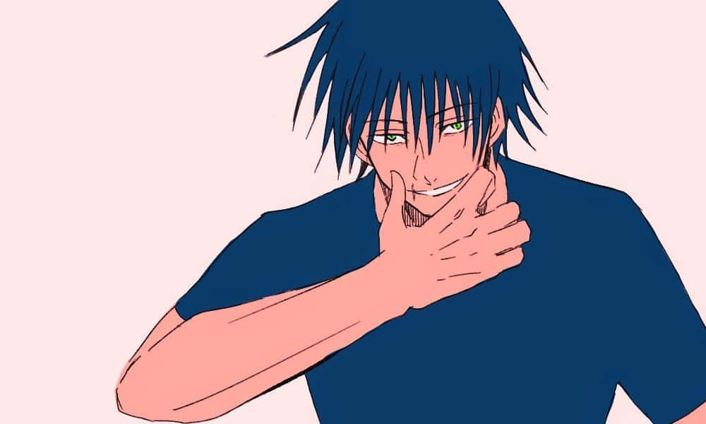 Toji Suzuhara 桌布 壁紙 — 動漫男孩，藍色刺蝟頭，綠色眼睛，雙手掩嘴微笑，背景為柔和粉紅色。