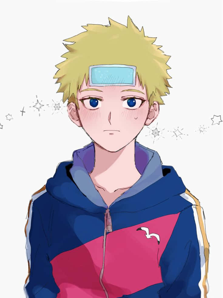 Teruki Hanazawa 桌布 壁紙 — 動漫男孩，金色尖刺頭髮，藍色眼睛，穿著藍色和粉紅色連帽衫，戴著頭帶，周圍漂浮著閃光。
