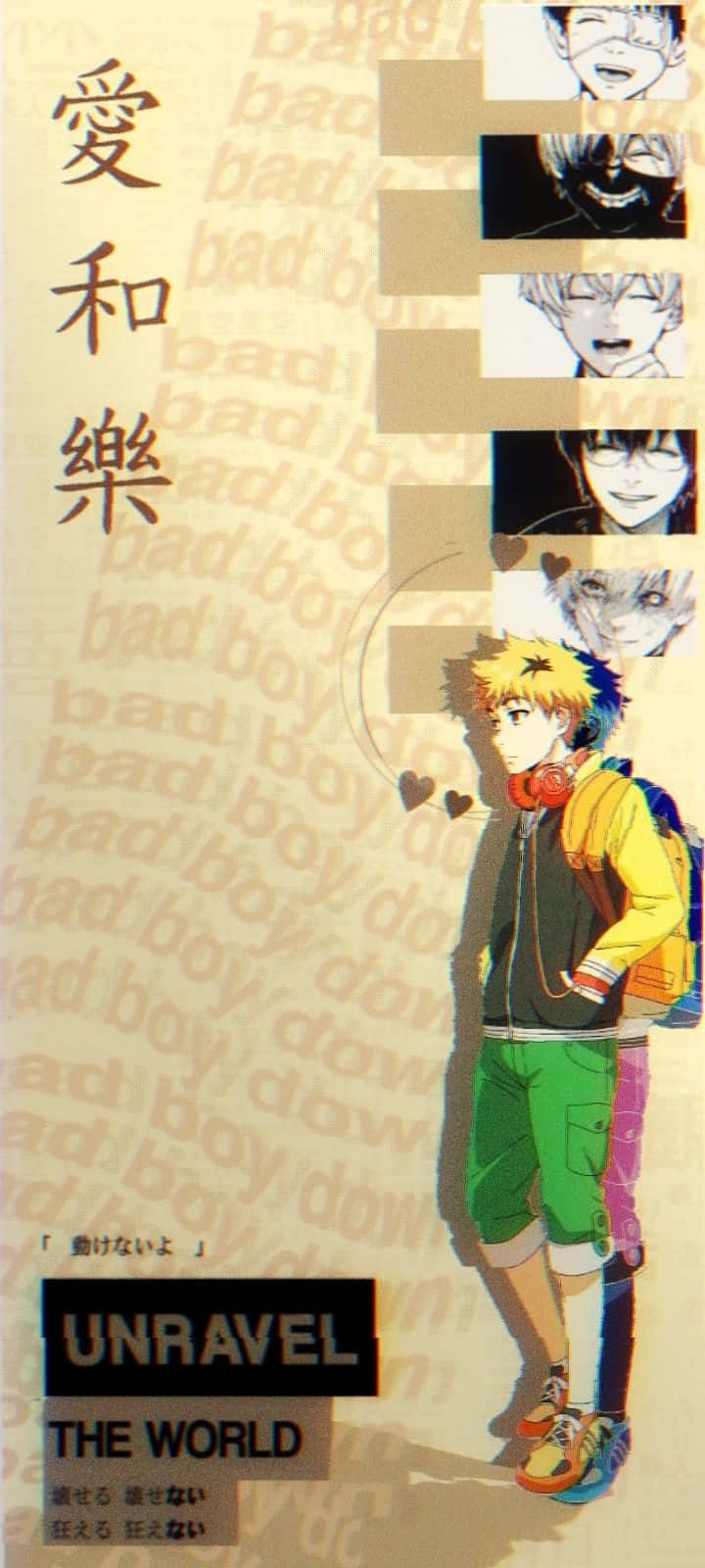 Hideyoshi Nagachika 桌布 壁紙 — 動漫男孩，黃色刺蝟頭，戴紅色耳機，自信地站在米色背景前，背景有日文文字和漂浮的角色肖像。