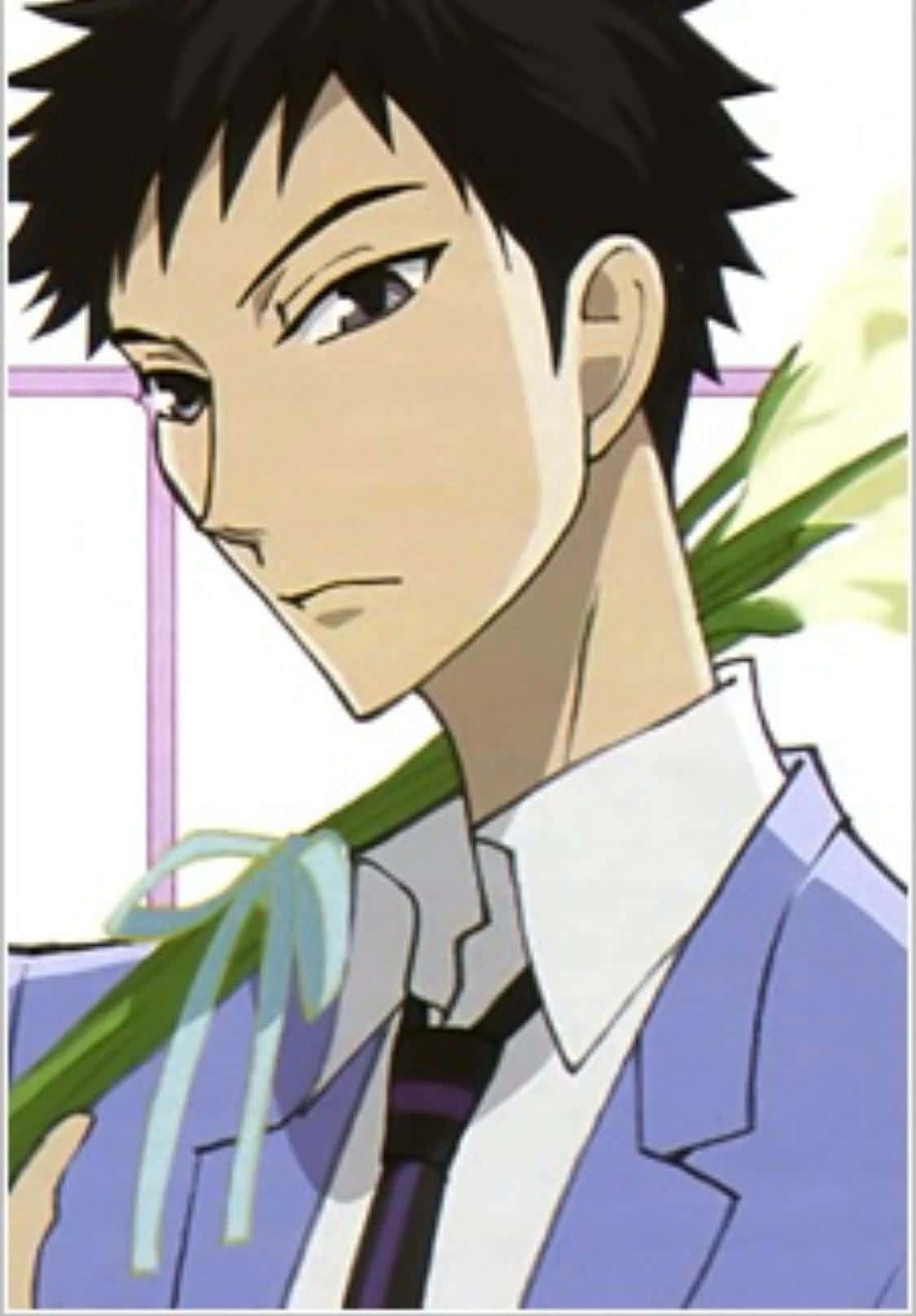 Takashi Morinozuka 桌布 壁紙 — 動漫男孩，黑色刺蝟頭，身穿藍色西裝，手持白色花朵，背景柔和。