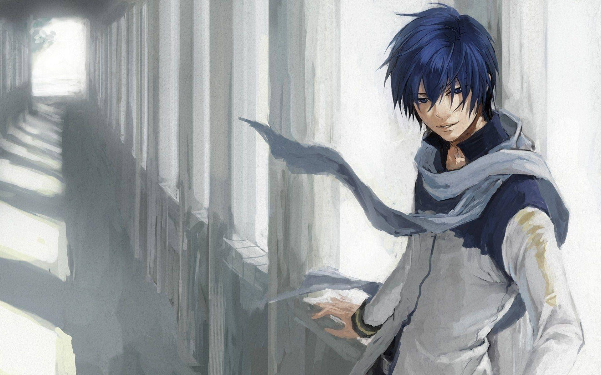 動漫男孩Kaito 壁紙 — 一個藍髮動漫男孩靠喺陽光照射嘅石頭走廊上，圍巾飄逸，表情平靜。