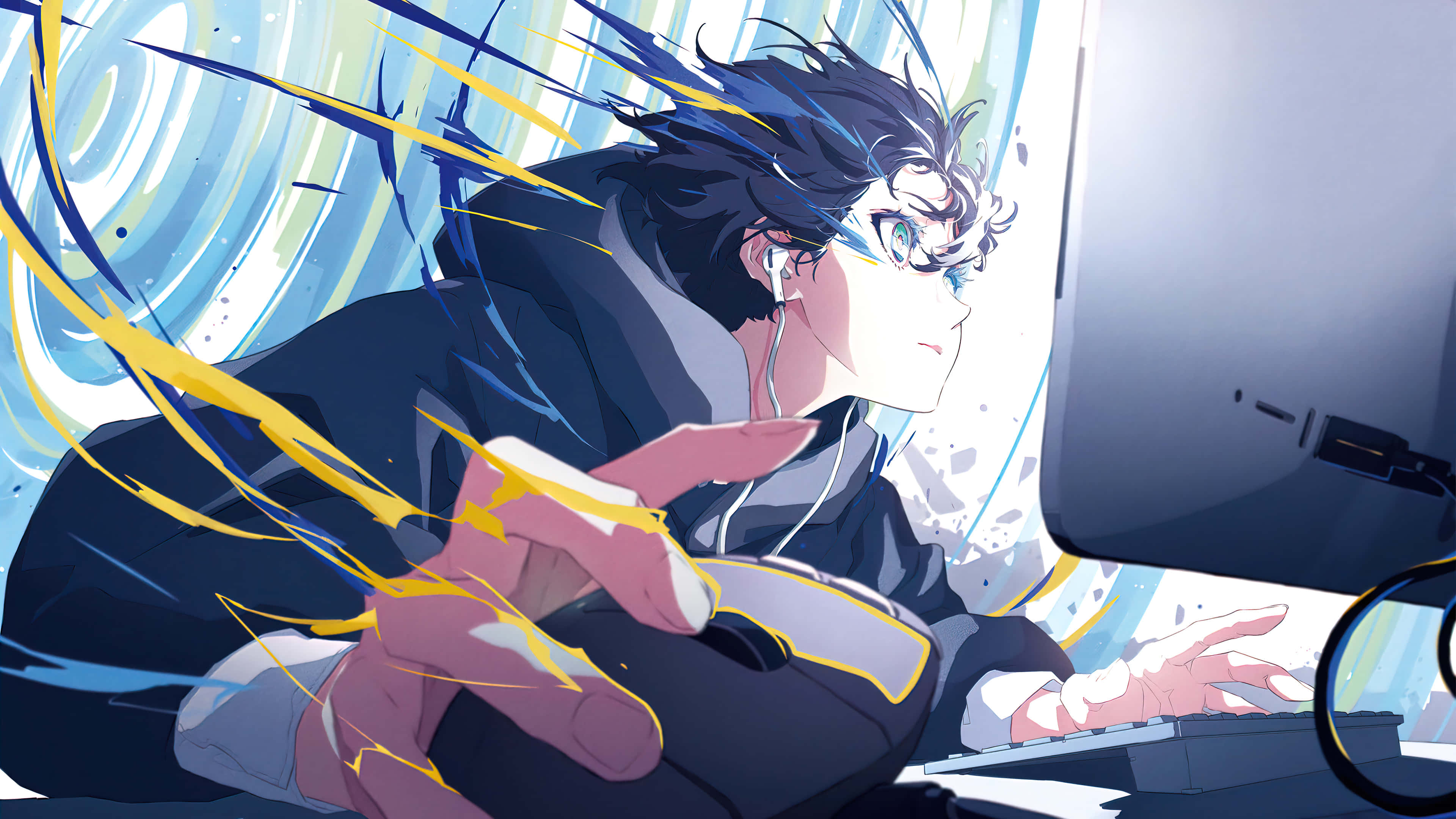 動漫男孩享受電腦遊戲時光 壁紙 — 一位擁有尖刺藍色頭髮的動漫遊戲玩家，正在激烈地玩電腦遊戲，周圍有發光的黃色能量條紋旋轉。