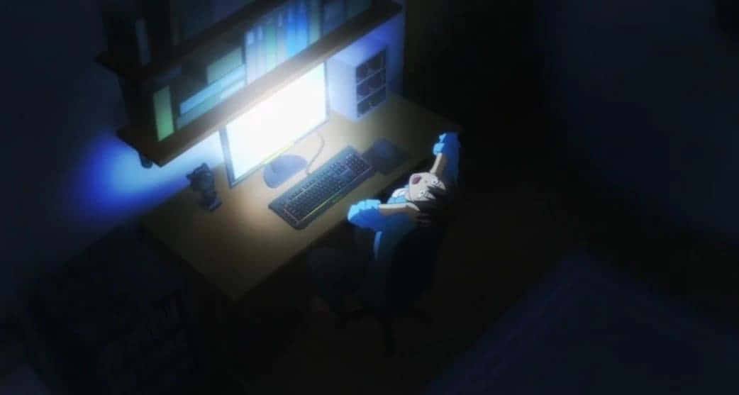 動漫男孩在電腦前工作 壁紙 — 一個人在昏暗的房間裡坐在書桌前，被明亮的電腦屏幕照亮，藍光投射在他們的臉和手上。