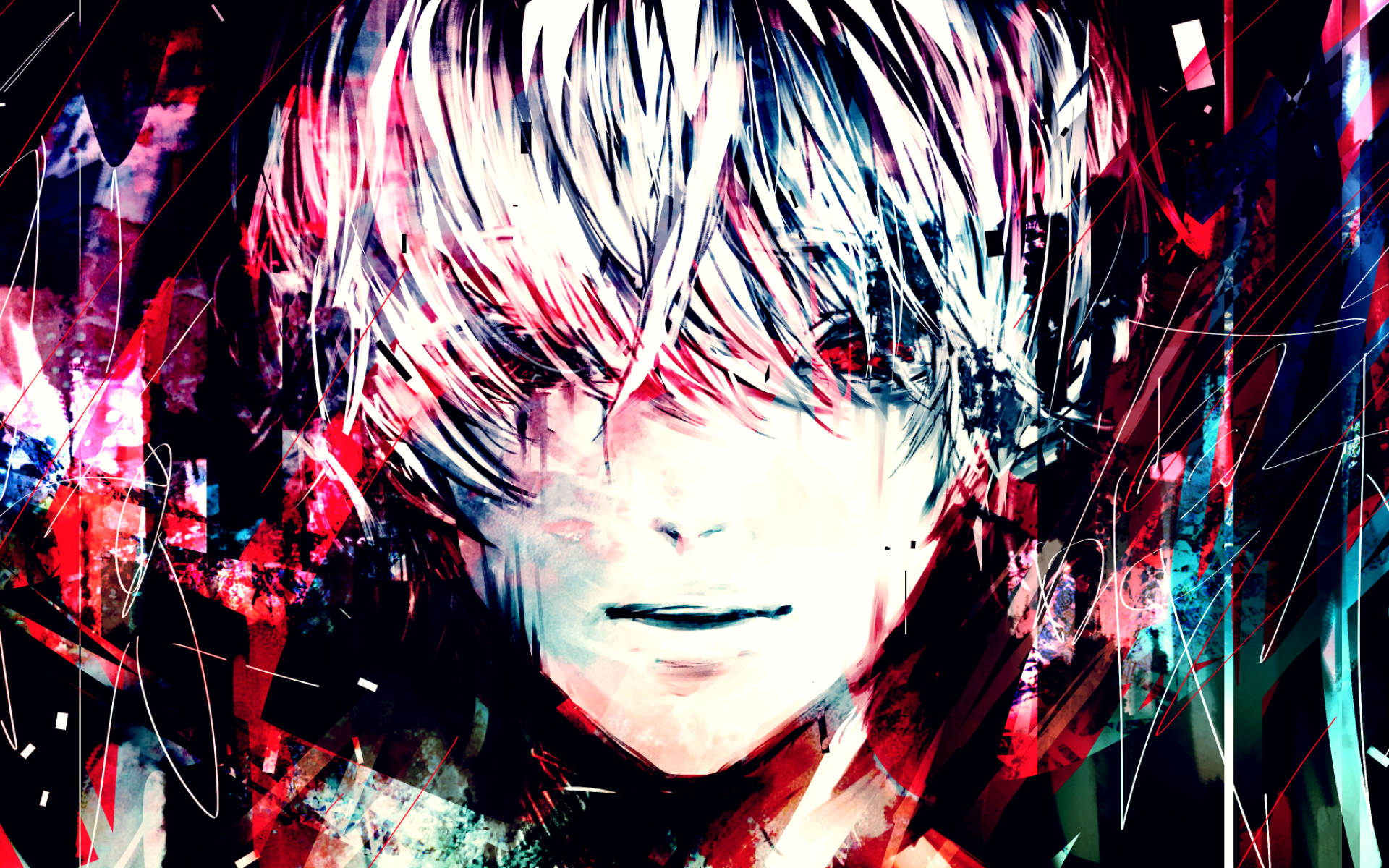 動漫男孩數位藝術畫 壁紙 — 一個風格化的動漫肖像，描繪一個蒼白頭髮的人物，在混亂的紅、藍、黑抽象背景中，眼神強烈。