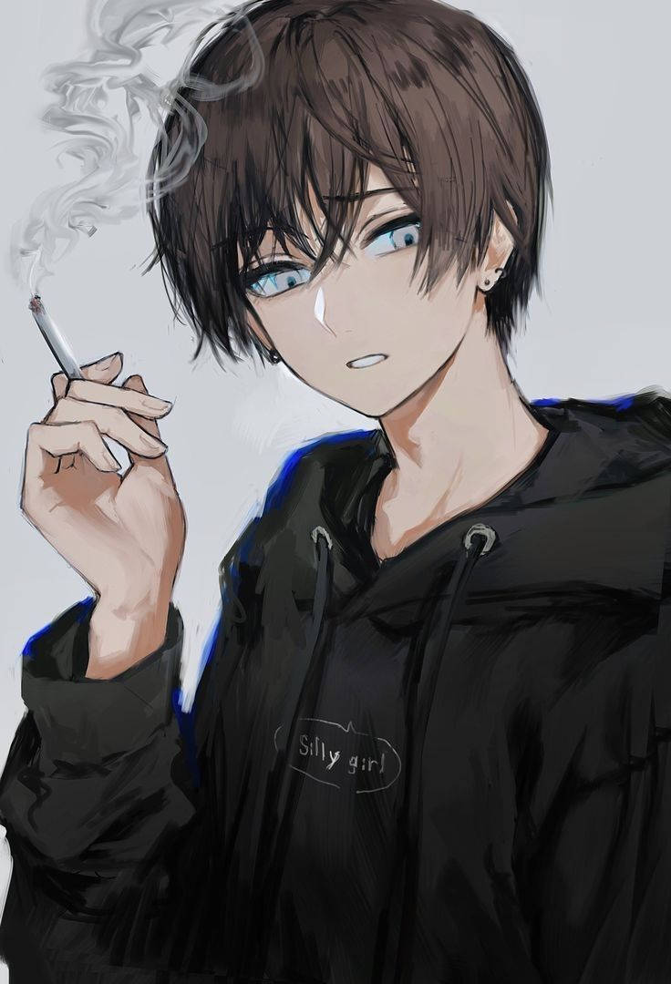 穿著黑色連帽衫的動漫男孩，流著淚，藍色眼睛，抽煙。