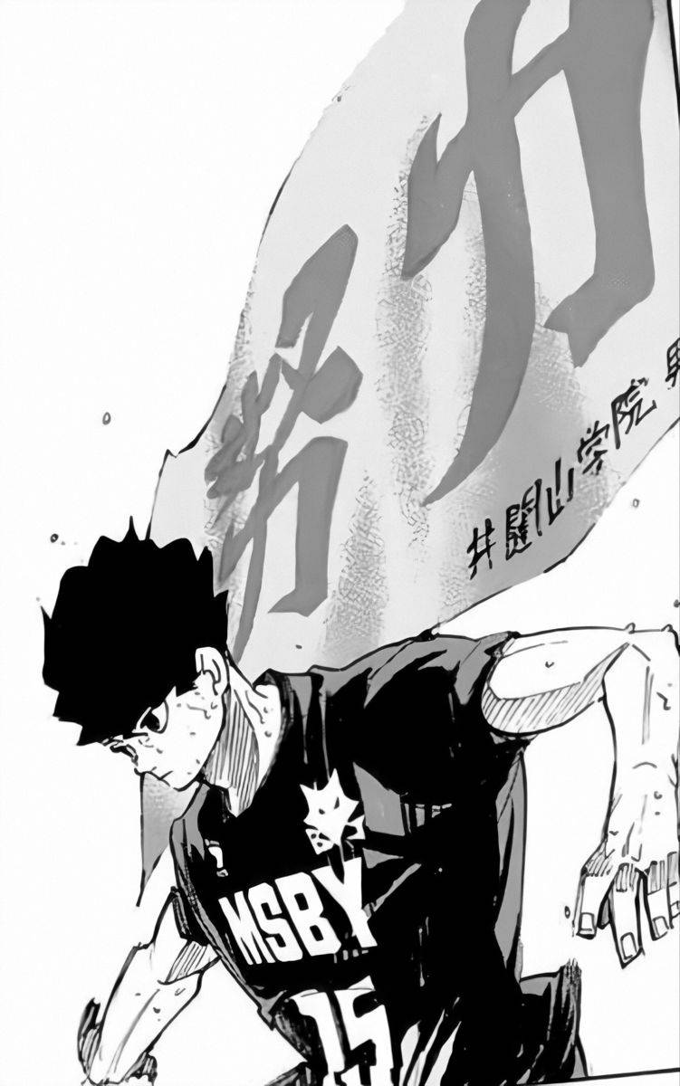 動漫籃球運動員身後帶著日文橫幅奔跑。