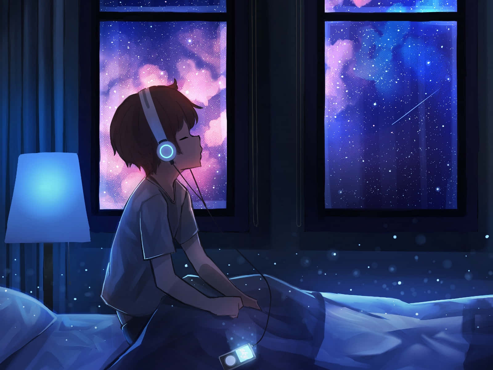 動畫男孩在床上戴著耳機，在星空下聽音樂。
