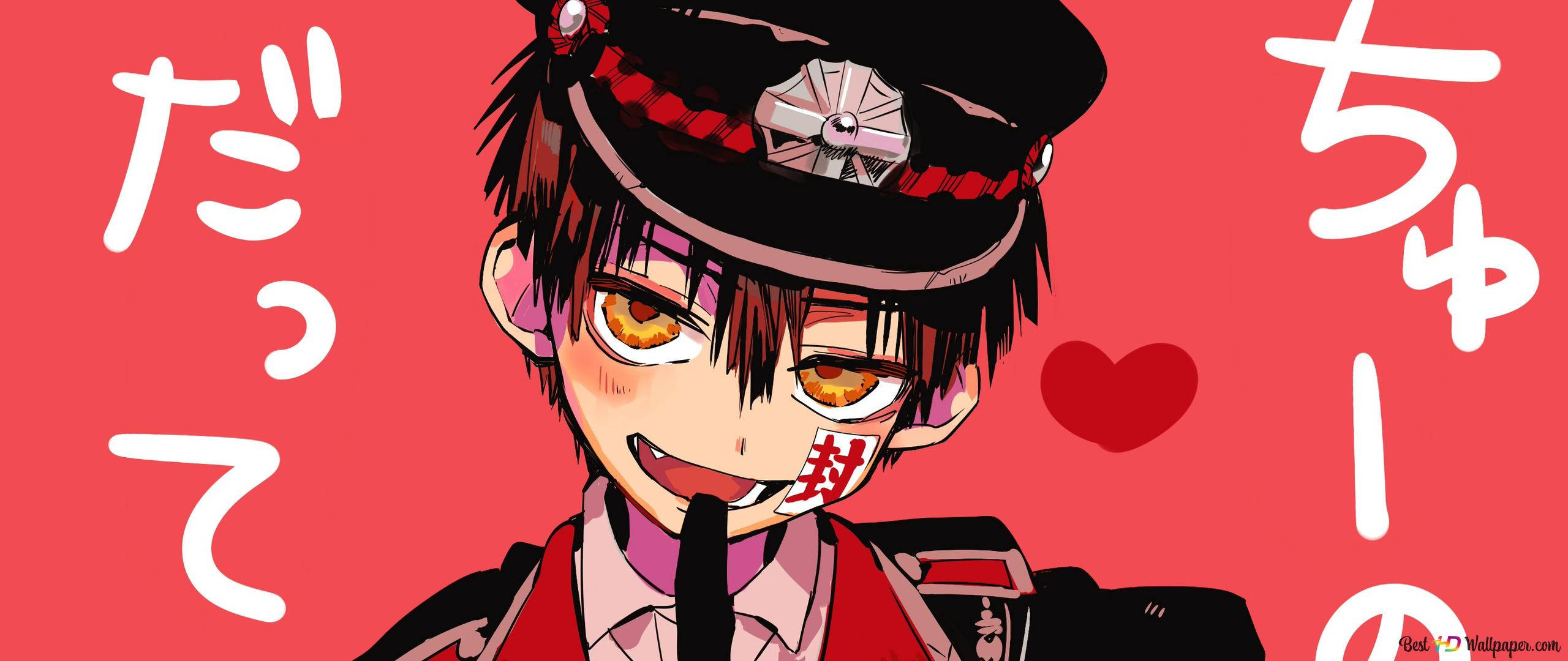 hanako 桌布 壁紙 — 動漫男孩穿著紅色制服和帽子，在粉紅色背景上吐舌頭咧嘴笑，背景有日文字和心形。