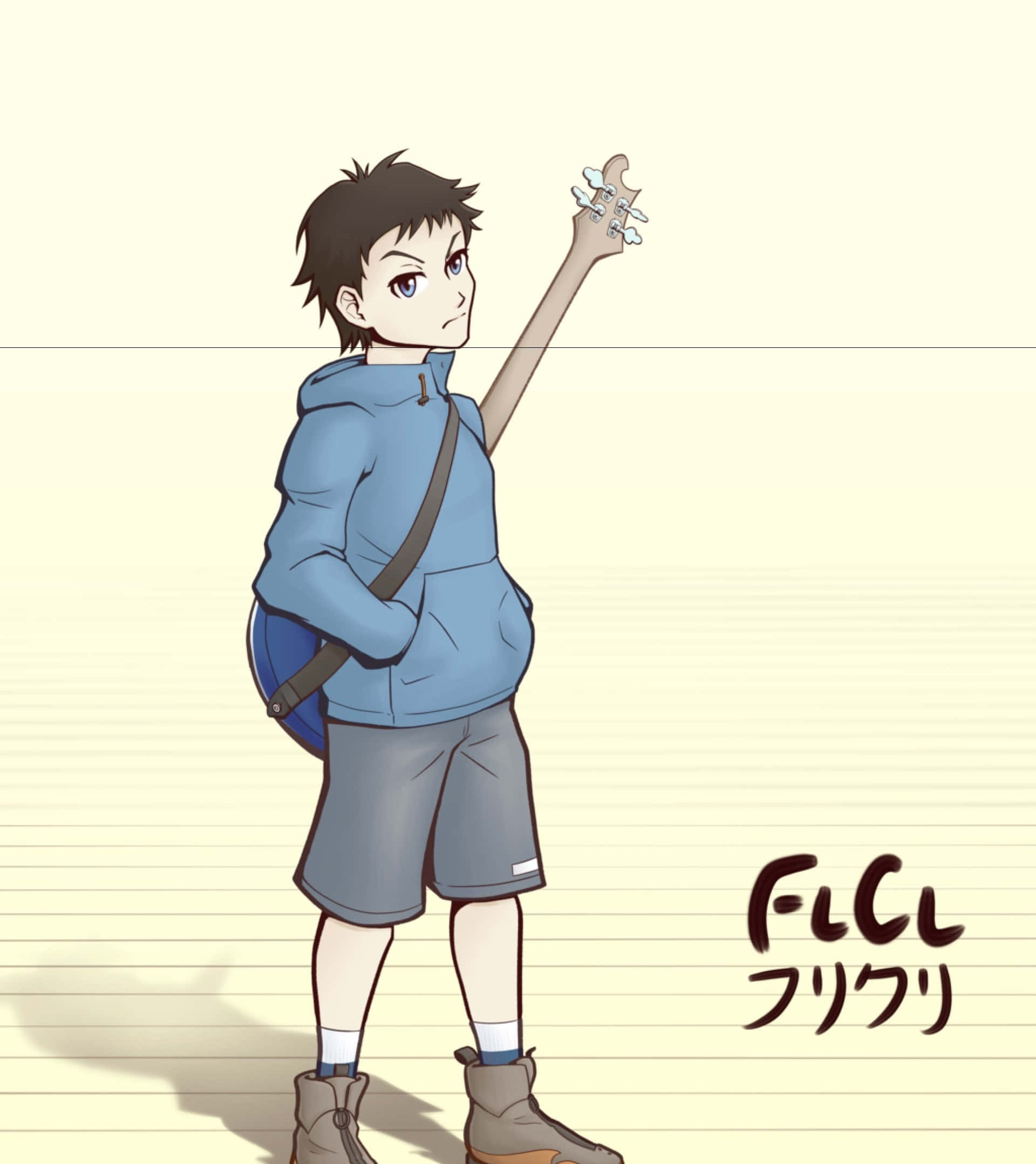 Naota Nandaba 桌布 壁紙 — 動漫男孩穿著藍色連帽衫，在帶有FLC標誌的橫線紙背景上拿著結他。