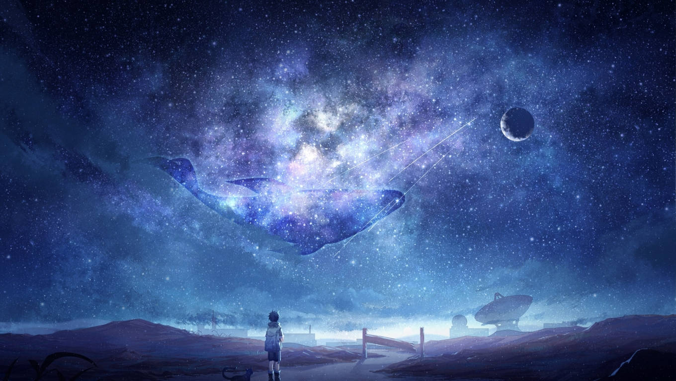 一個孩子站在外星地形上，仰望星空中的巨大鯨魚星雲。