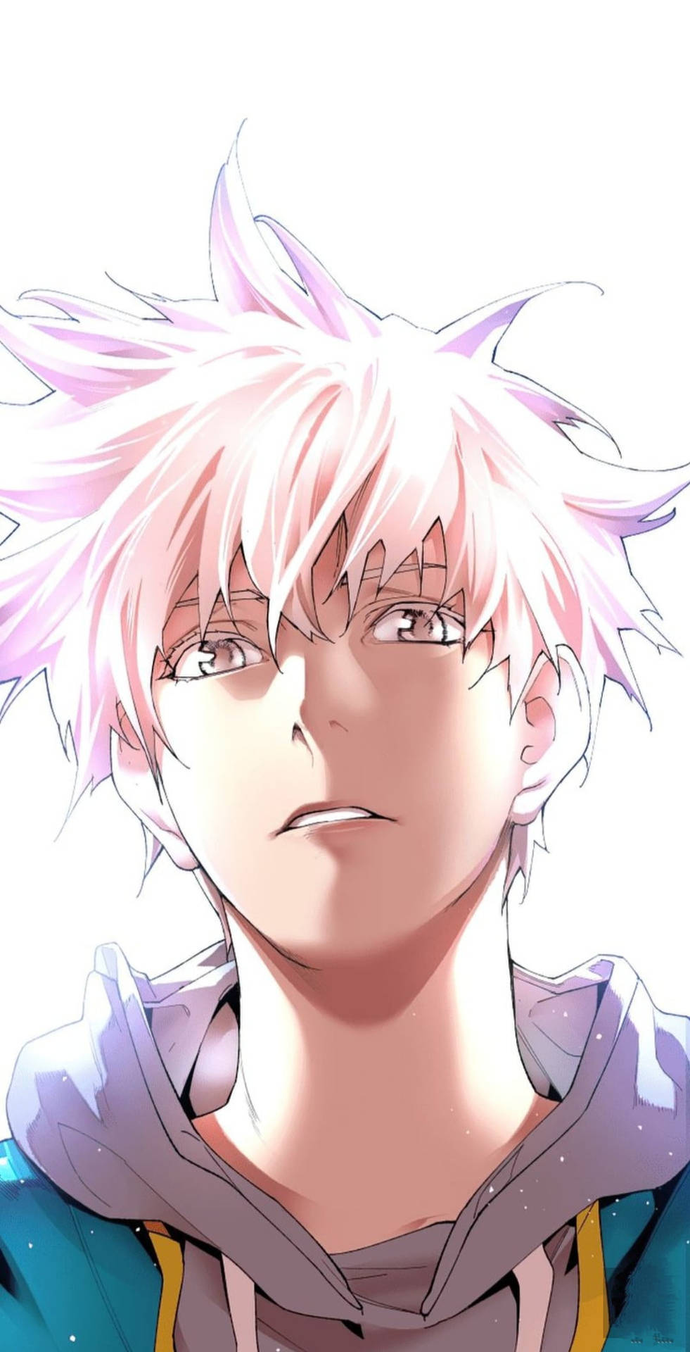 動漫男孩金基永 壁紙 — 一個年輕男子嘅特寫動畫肖像，佢有尖尖嘅粉紅色頭髮同銳利嘅眼睛，著住連帽衫，背景係明亮嘅白色。